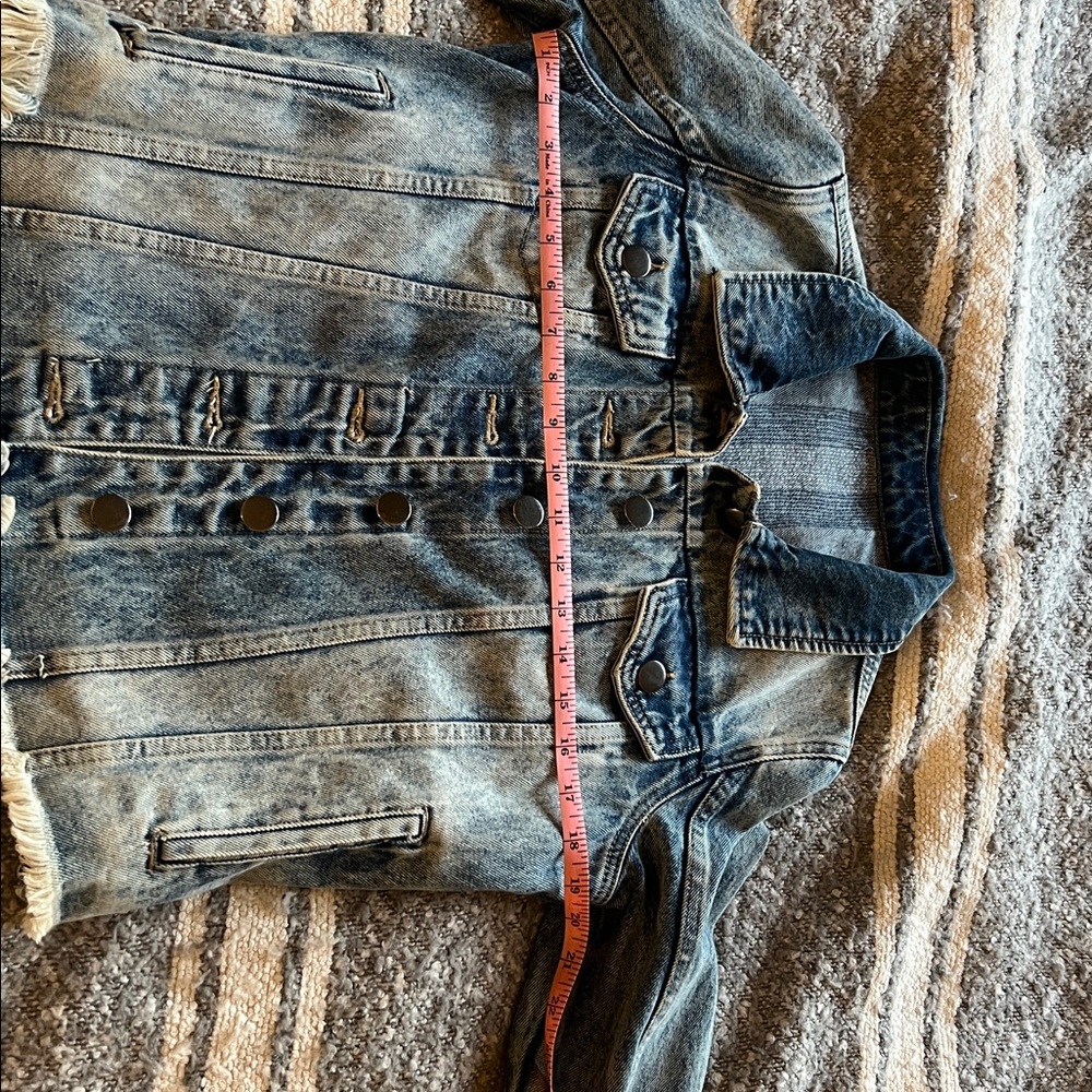 Washed Blue Denim cropped Jacket with beaded Skull Back Stripe - Picture 5 of 6